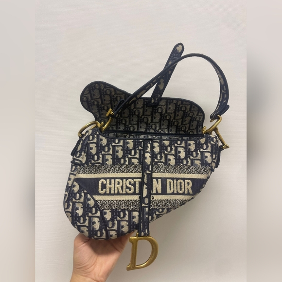 Christian Dior Oblique Saddle Bag Blue With Jacquard Strap - Picture 2 of 8